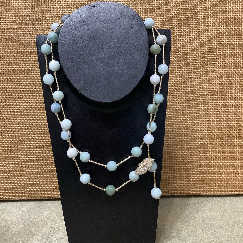 SJ Pearl Brand Natural 8” Jade Rhinestone Leaf Lariat Necklace 36” Long NWT